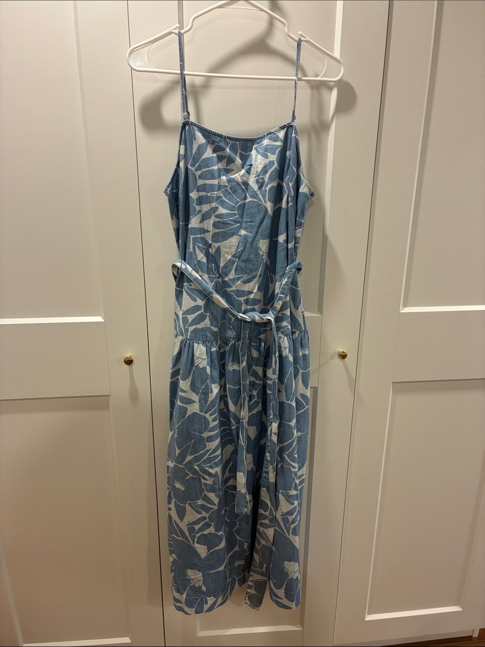 Blue Floral Maxi Dress with Belted Waist